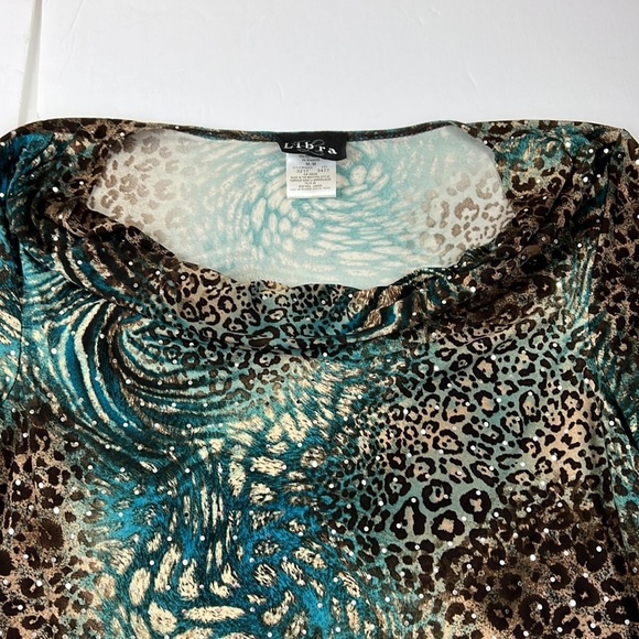 Libra Teal Gold Metallic  ¾ Sleeve Cowl Neck Top - Picture 5 of 10